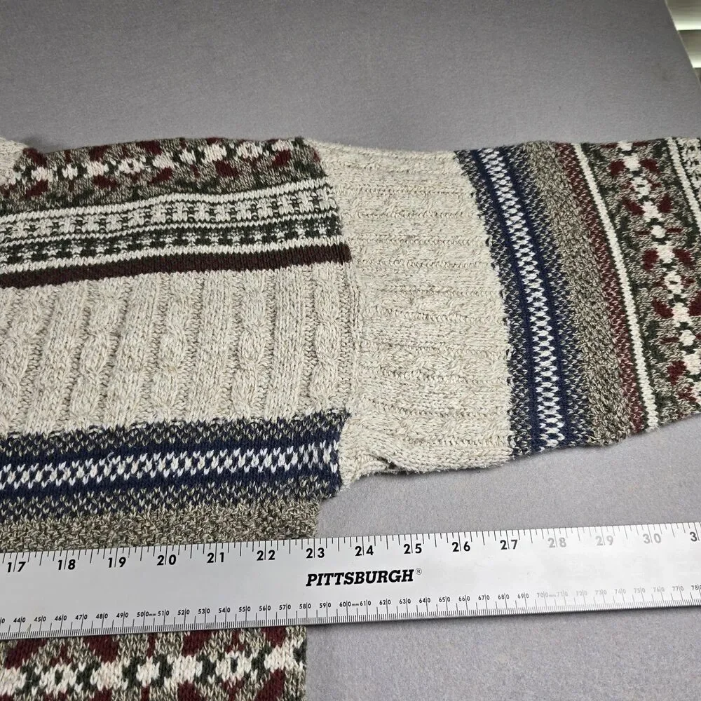 Liberty Mens L Beige Sweater Vintage Fair Isle Crewneck Cable Knit USA Made